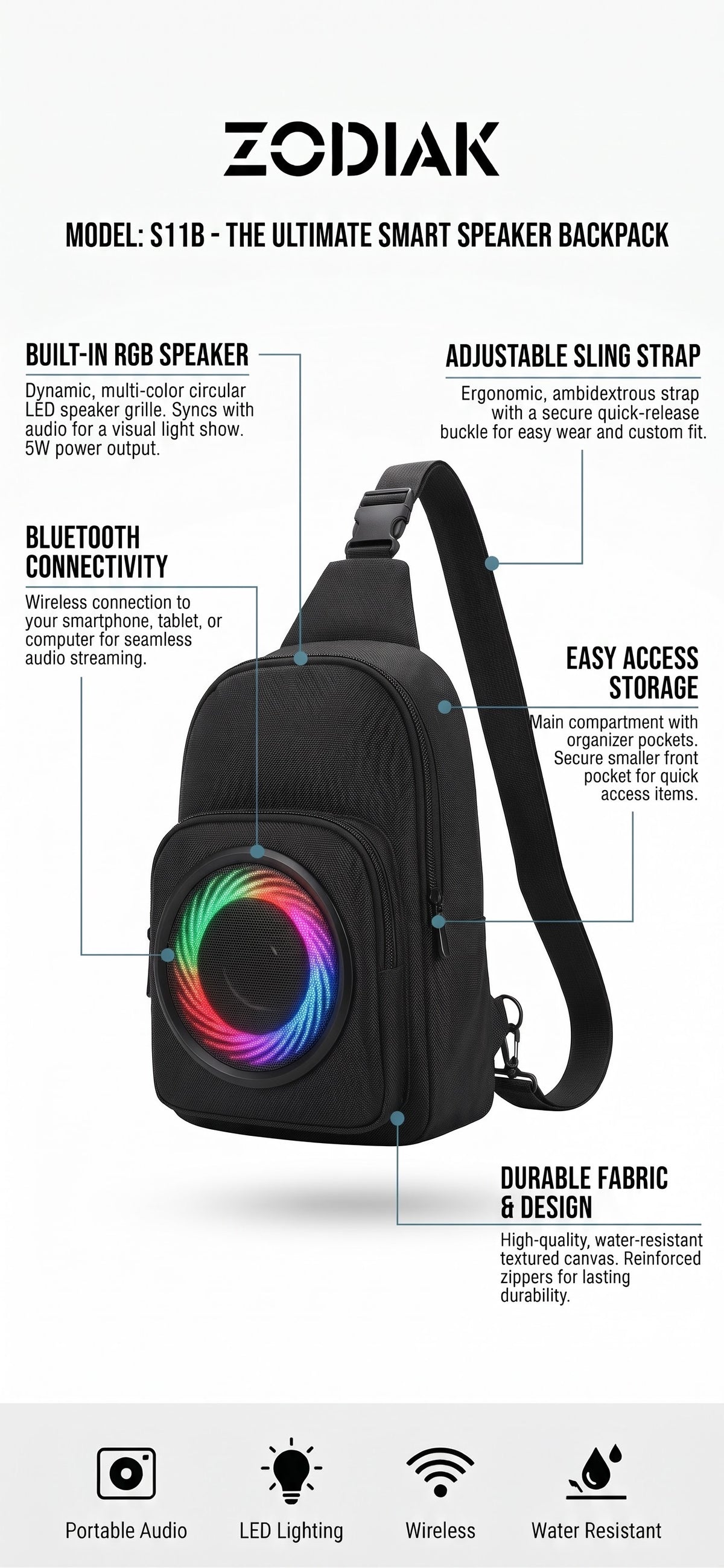 Zodiak S11B RGB Smart Speaker Sling Backpack